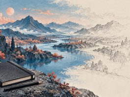 A dreamlike landscape appears in color and soft gray beside a waking person’s notebook.