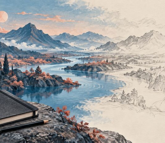 A dreamlike landscape appears in color and soft gray beside a waking person’s notebook.