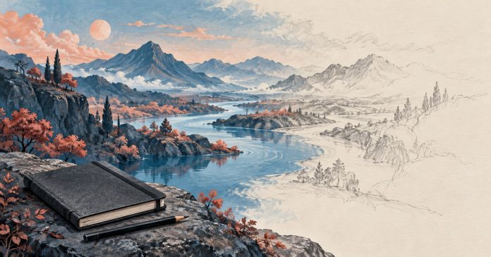 Dream recall, color and vividness A dreamlike landscape appears in color and soft gray beside a waking person’s notebook.