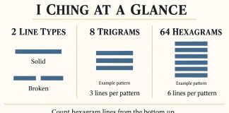 I Ching infographic: two line types, eight three-line trigrams and 64 six-line hexagrams; count lines from the bottom upward.