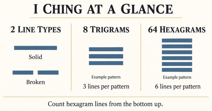 I Ching infographic: two line types, eight three-line trigrams and 64 six-line hexagrams; count lines from the bottom upward.
