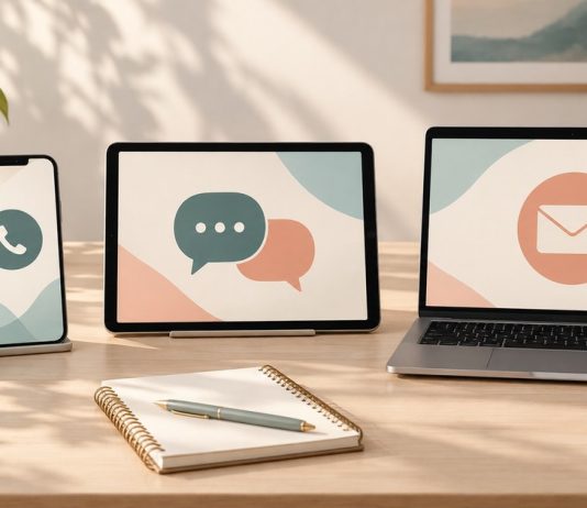 Phone, tablet and laptop illustrating spoken calls, live chat and email.