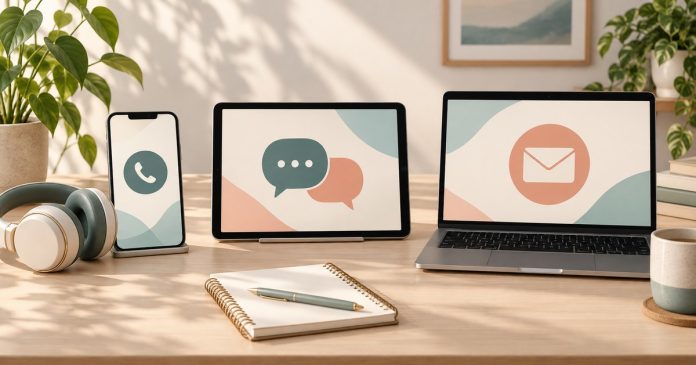 Phone, chat and email reading formats Phone, tablet and laptop illustrating spoken calls, live chat and email.
