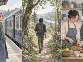 Three illustrated scenes show a train platform, a woodland path and cooking with a friend.