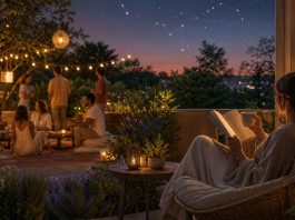 A lively garden gathering beside a person enjoying a quiet book under zodiac constellations