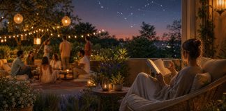 A lively garden gathering beside a person enjoying a quiet book under zodiac constellations