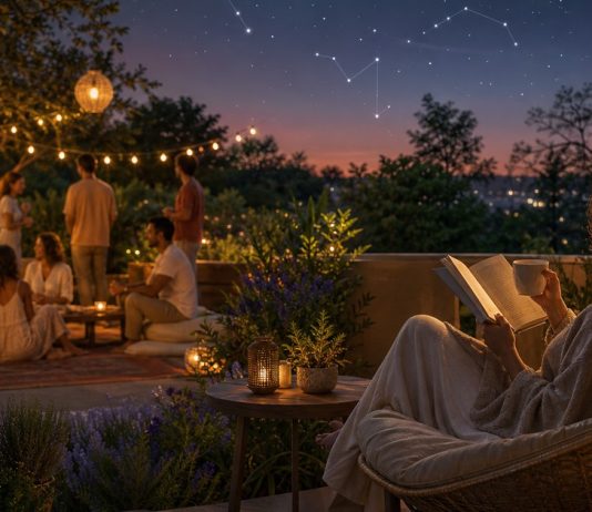 A lively garden gathering beside a person enjoying a quiet book under zodiac constellations