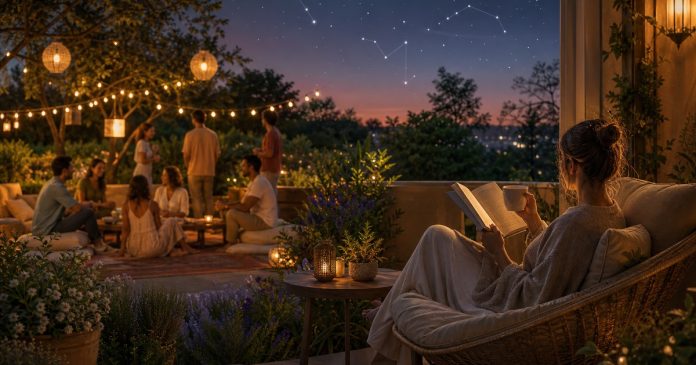 Zodiac Social Styles: Who Thrives in Crowds and Who Needs Quiet? A lively garden gathering beside a person enjoying a quiet book under zodiac constellations