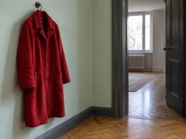 A red wool coat hanging beside an open dark-gray doorway, with pale mint walls and a wooden parquet floor.