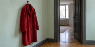 A red wool coat hanging beside an open dark-gray doorway, with pale mint walls and a wooden parquet floor.