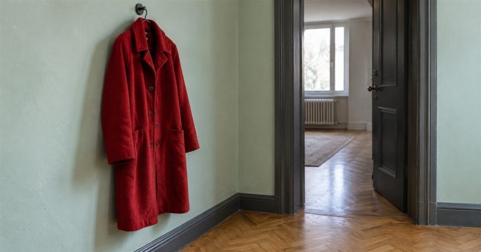 A red wool coat hanging beside an open dark-gray doorway, with pale mint walls and a wooden parquet floor.
