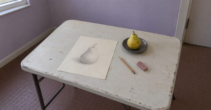A graphite pear sketch, pencil and pink eraser beside a pear on a gray saucer, on a worn folding table in a lilac room.