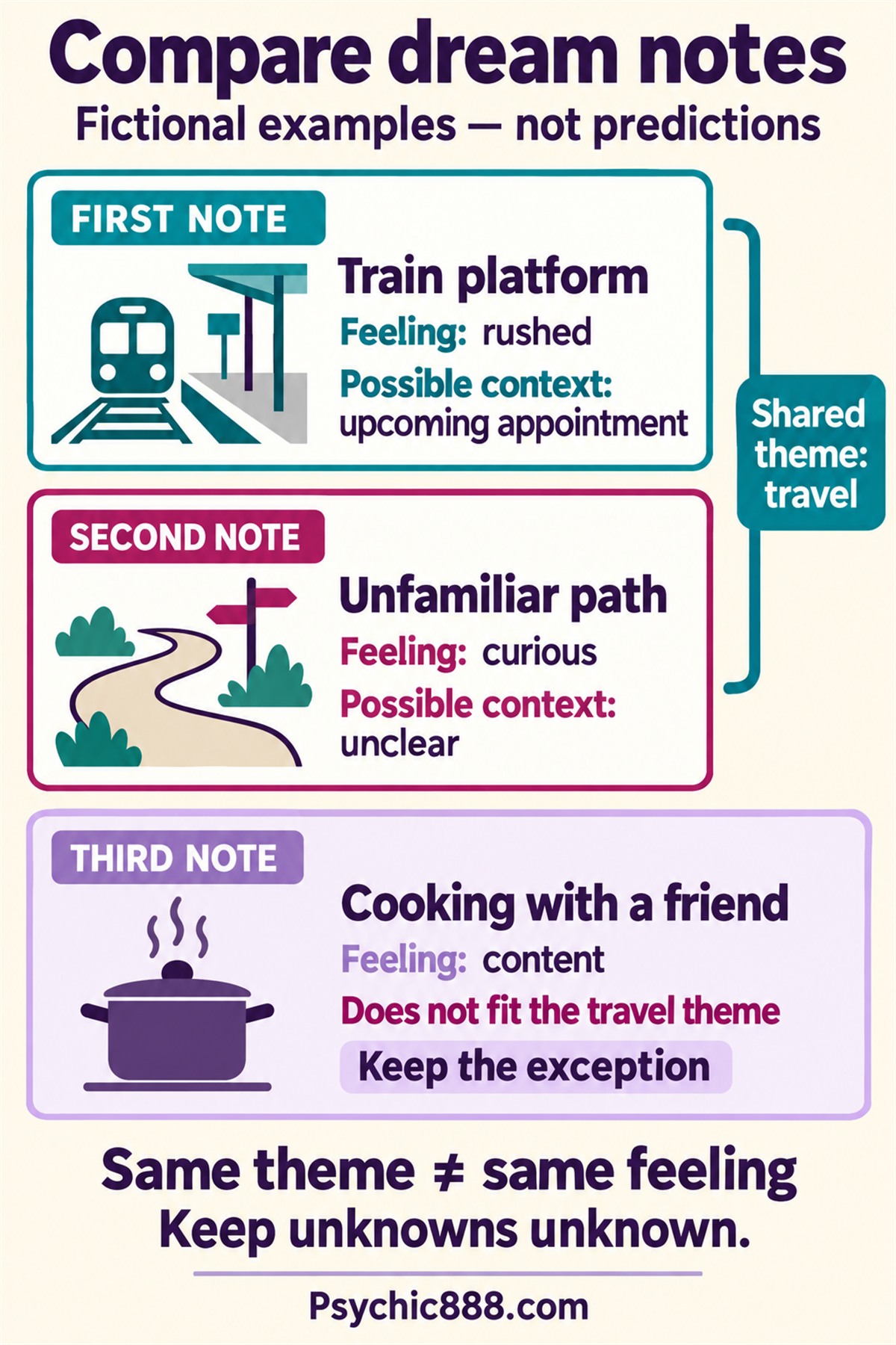 Fictional dream-note comparison: a rushed train-platform scene and a curious unfamiliar-path scene share a travel theme but differ in feeling; a content cooking-with-a-friend scene does not fit and is kept as an exception. Possible contexts remain uncertain, and the notes are not predictions.