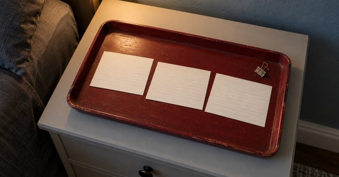 Recurring dream themes — realistic separate note comparison Three blank lined index cards and a steel binder clip on a worn dark-red tray beside a bed in warm light.