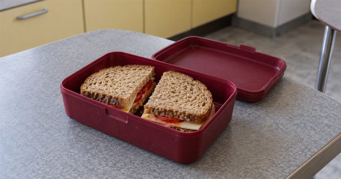 A brown-bread cheese and tomato sandwich in an open burgundy lunchbox with its lid beside it on a gray kitchen table.