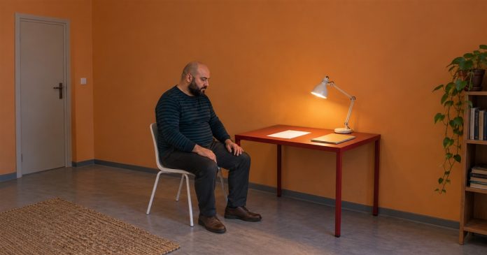 Law of Attraction limits — ordinary planning pause A bald, bearded man in a striped shirt seated with hands on his thighs beside a red desk, blank paper and a lit task lamp in an orange-walled room.