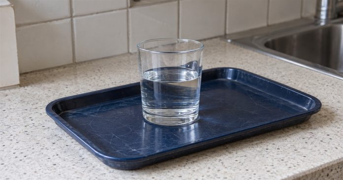 Realistic optimism — ordinary half-full glass A clear drinking glass about half filled with water on a scratched navy tray, beside a kitchen sink on a cream speckled counter.