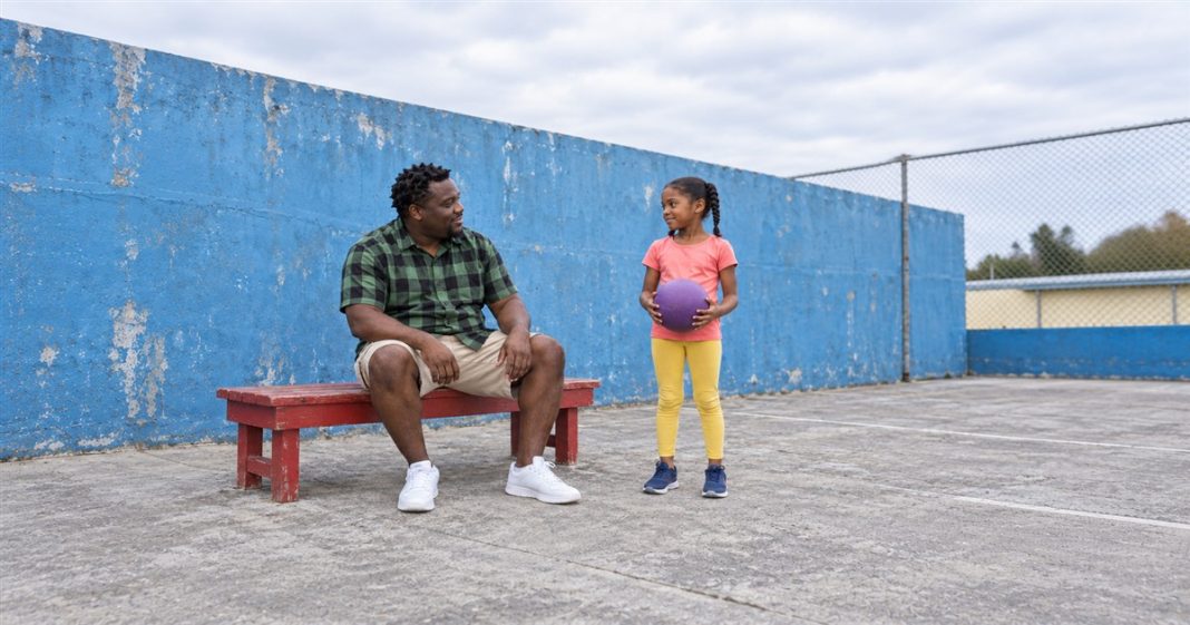 A man in a green checked shirt sitting on a red bench beside a girl in a coral shirt and yellow leggings holding a purple ball on a blue-walled court.