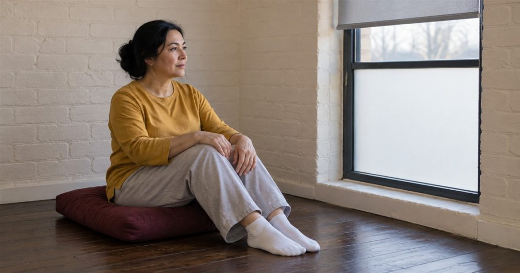 2311 realistic quiet window pause 20261005 A woman in a mustard-yellow shirt and light gray trousers sitting on a maroon floor cushion beside a frosted window in a cream brick room.
