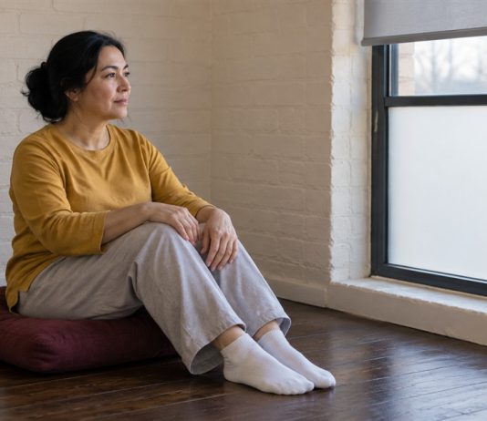 A woman in a mustard-yellow shirt and light gray trousers sitting on a maroon floor cushion beside a frosted window in a cream brick room.