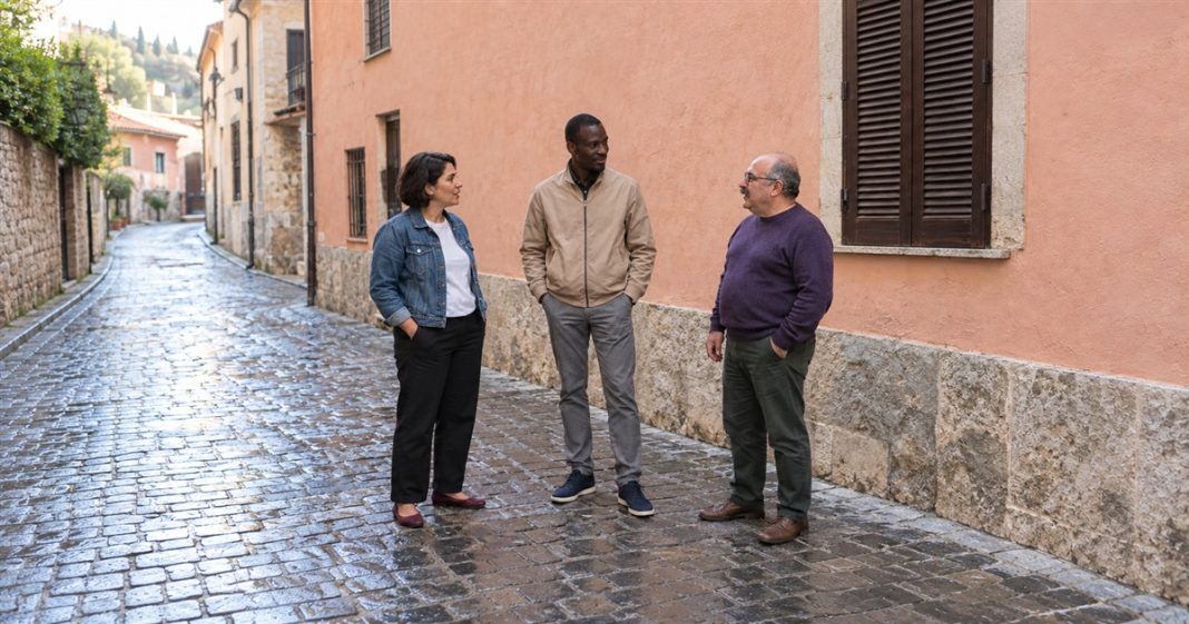 A woman in a denim jacket and two men in tan and purple tops talking on a cobblestone lane beside a salmon-colored wall and brown shutters.