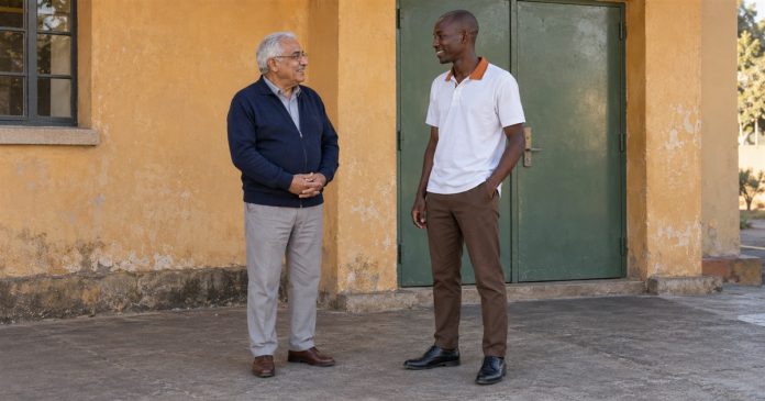 An older white-haired man in a navy cardigan and a younger man in a white polo talking outside an ochre-walled building beside a green metal door.
