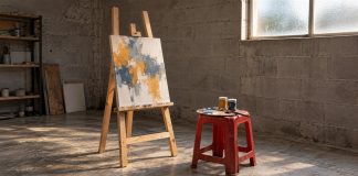 An abstract ochre and blue painting on a wooden easel beside a red stool holding a paint palette, brush and two paint pots in a concrete-block studio.