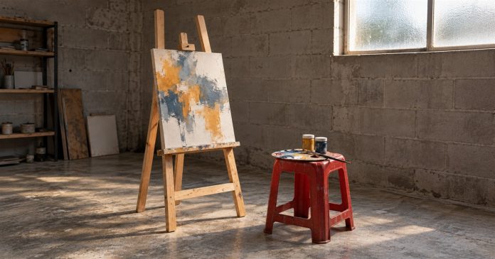 Excellence — Painting Practice — Realistic Cover 20261005 An abstract ochre and blue painting on a wooden easel beside a red stool holding a paint palette, brush and two paint pots in a concrete-block studio.