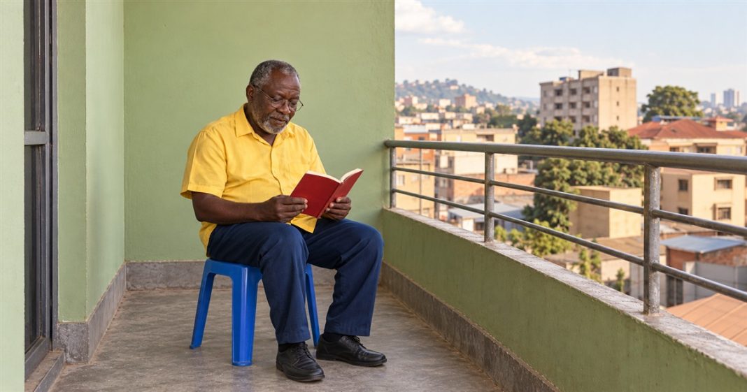 An older man in a yellow shirt and dark blue trousers reading a red book on a blue stool beside a metal balcony railing and a pale green wall.