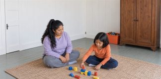 A woman in a lilac sweatshirt watching a child in an orange shirt play with colored wooden blocks on a woven rug in a white-paneled room.