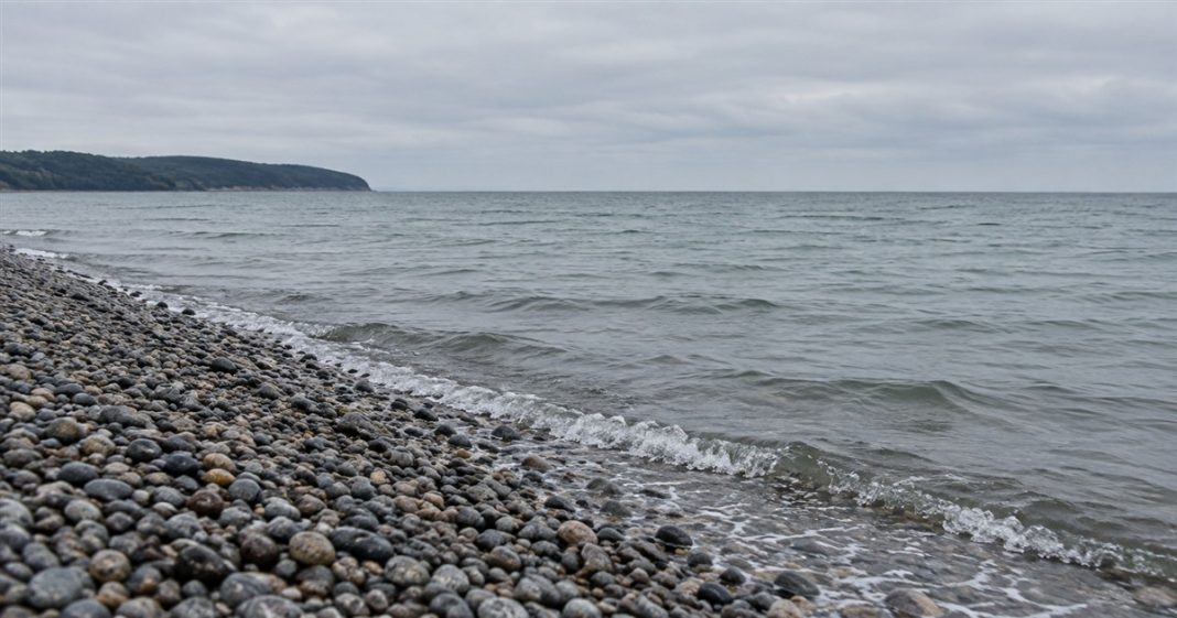 Relationship decisions — neutral pebble shore — realistic cover 2377 Small waves meeting a gray and brown pebble beach beneath an overcast sky, with a low wooded headland in the distance.