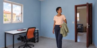 A woman in a peach blouse holding a green jacket beside a white desk with a closed red laptop and an orange-backed chair, looking toward an open doorway.