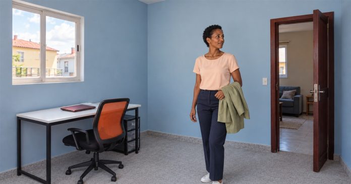 A woman in a peach blouse holding a green jacket beside a white desk with a closed red laptop and an orange-backed chair, looking toward an open doorway.