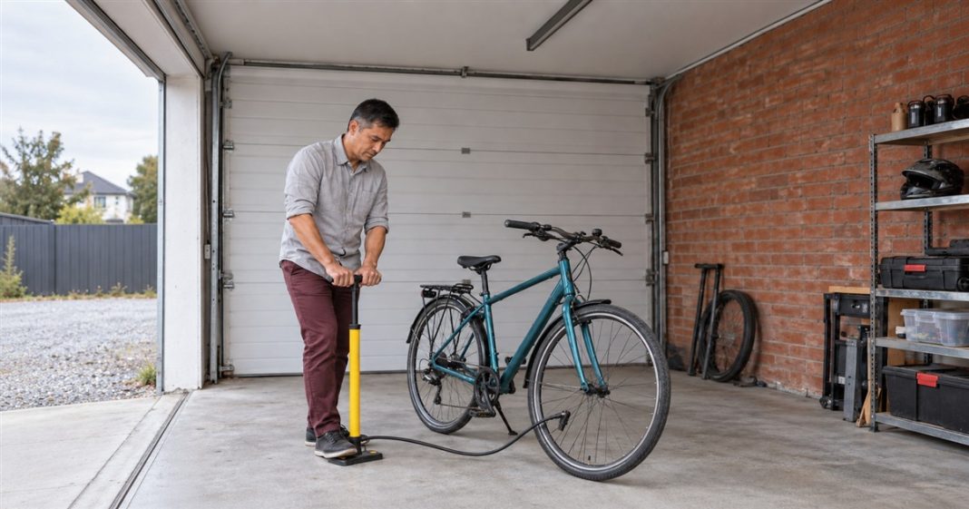Patience — independent bicycle hobby — realistic cover 2398 A man in a gray shirt and maroon trousers using a yellow floor pump beside a teal bicycle in a brick-walled garage with an open entrance.