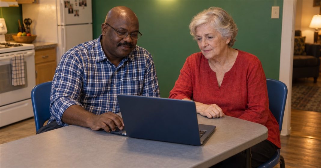 A man in a blue plaid shirt and a woman in a red tunic looking at a dark-blue laptop on a gray kitchen table, seated on blue chairs.
