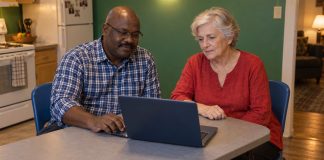A man in a blue plaid shirt and a woman in a red tunic looking at a dark-blue laptop on a gray kitchen table, seated on blue chairs.