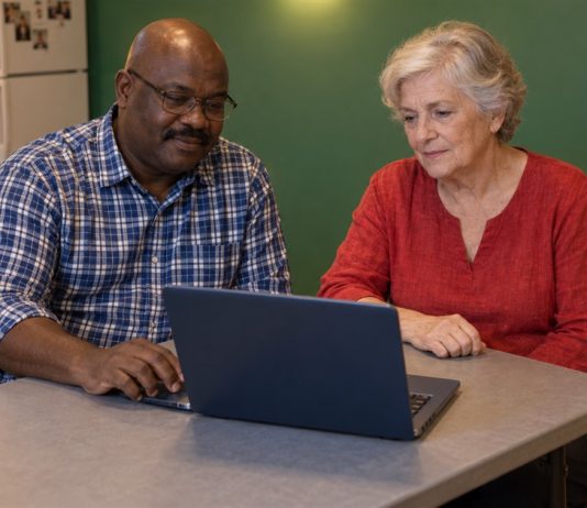 A man in a blue plaid shirt and a woman in a red tunic looking at a dark-blue laptop on a gray kitchen table, seated on blue chairs.