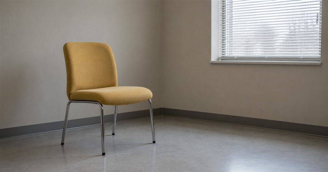 Relationship safety — neutral personal space An empty yellow upholstered chair with chrome legs in a plain beige-gray room beside a window with white blinds.