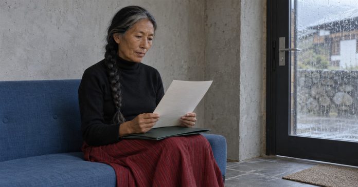 A woman with a gray-streaked braid reading a sheet of paper above a green folder on her lap, seated on a blue sofa beside a rain-streaked glass door.