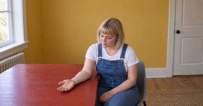 A woman in denim overalls and a white shirt looking at her relaxed open palm on a red wooden desk in a yellow-walled room.