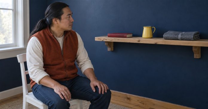 2575 Realistic observation practice 20261005 A man in a rust-orange vest seated on a white chair looking at a red book, yellow jug and folded gray cloth on a wooden shelf.