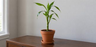 A green segmented cane with narrow leaves growing in soil in a terracotta pot and saucer on a wooden sideboard.