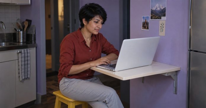 Everyday clarity — small laptop planning task 2664 A woman in a brick-red shirt using a white laptop at a cream folding desk beside a violet kitchenette wall.