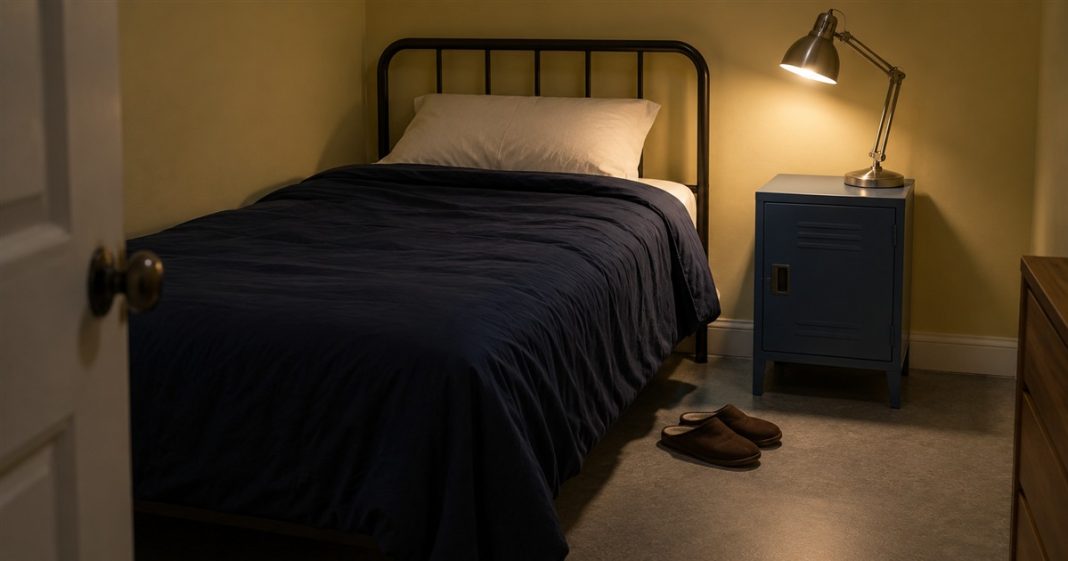 A single bed with navy bedding beside a lit metal lamp on a blue bedside locker, with brown slippers on the floor.