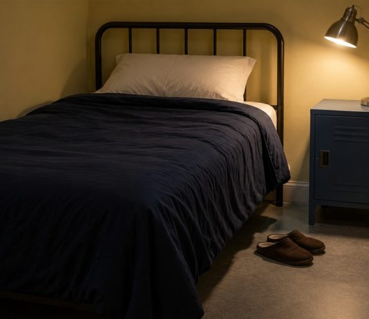 A single bed with navy bedding beside a lit metal lamp on a blue bedside locker, with brown slippers on the floor.