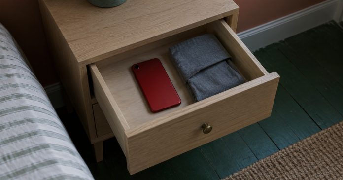 Reading pause — red phone in drawer 2692 A red phone lying face down beside a folded gray pouch inside an open pale-oak bedside drawer.
