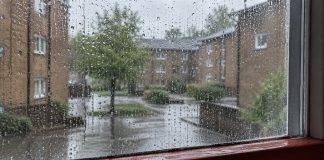 Raindrops on a window above a red sill, with a leafy tree and brick courtyard beyond the glass.