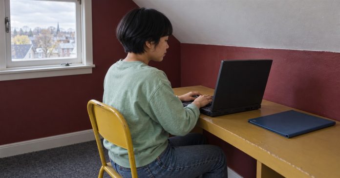 2715 realistic small writing task 20261005 A woman in a mint sweatshirt typing on a black laptop at an ochre desk beside a closed blue folder.