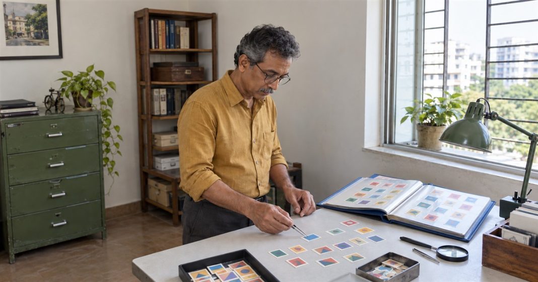 A man in an ochre shirt using tweezers to arrange colorful stamps beside an open blue album at a work surface.