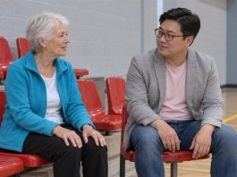 An older woman in a cyan cardigan and a man in a gray blazer talking on red seats in an indoor sports hall.